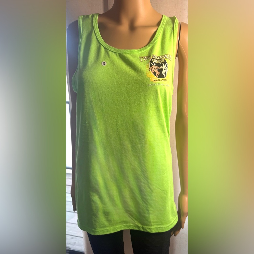Two Drunken Goats unisex tank top. Neon Green. Gildan  heavy cotton. Sz. S